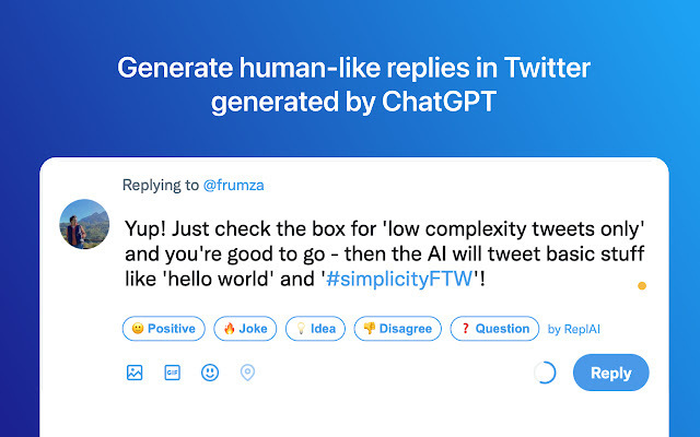 
              Replai – ChatGPT replies in Twitter, LinkedIn            
